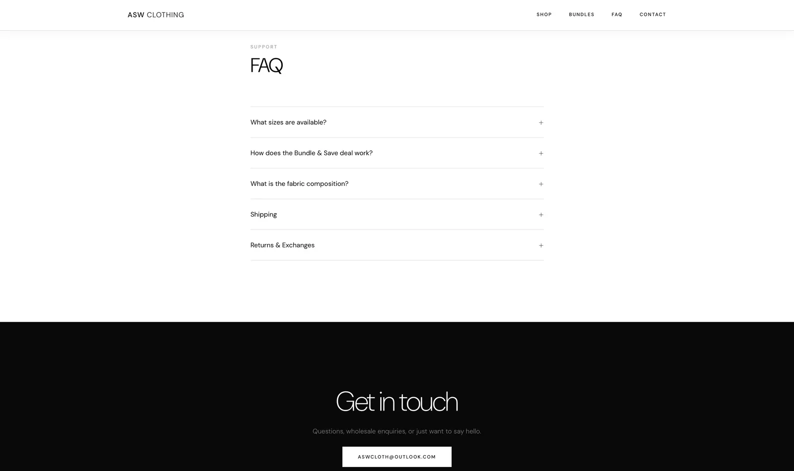 ASW Clothing website, screenshot 3