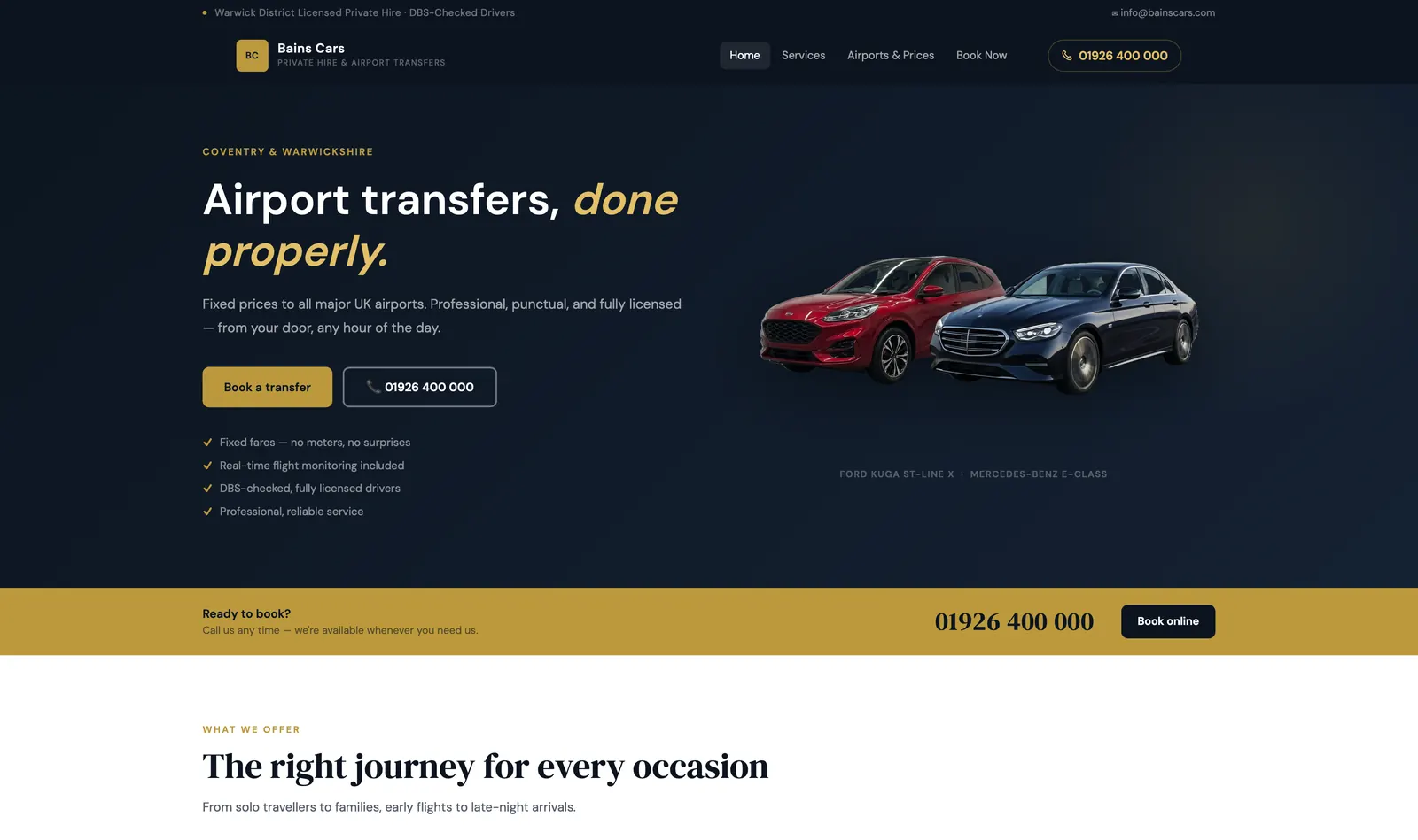 Bains Cars website, screenshot 1