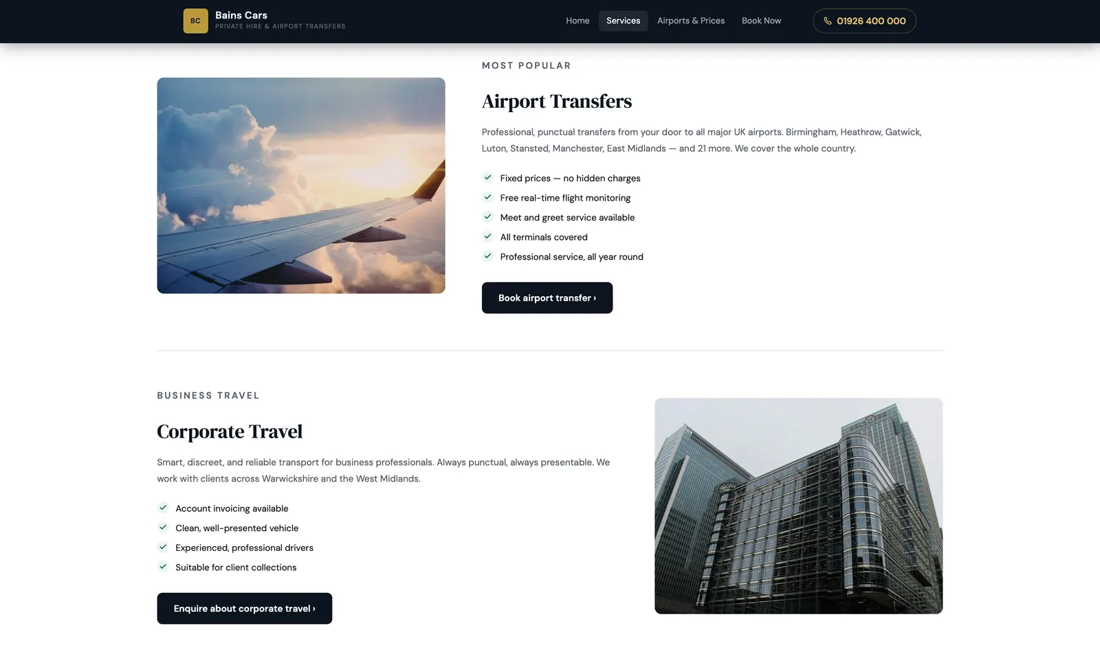 Bains Cars website, screenshot 2