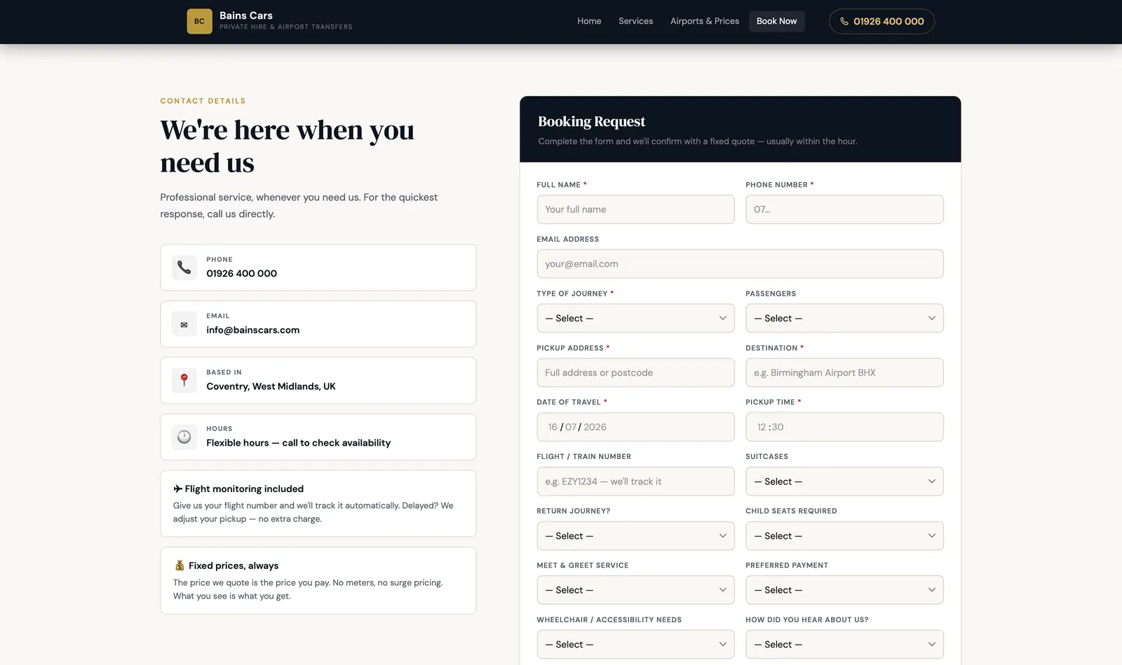 Bains Cars website, screenshot 3