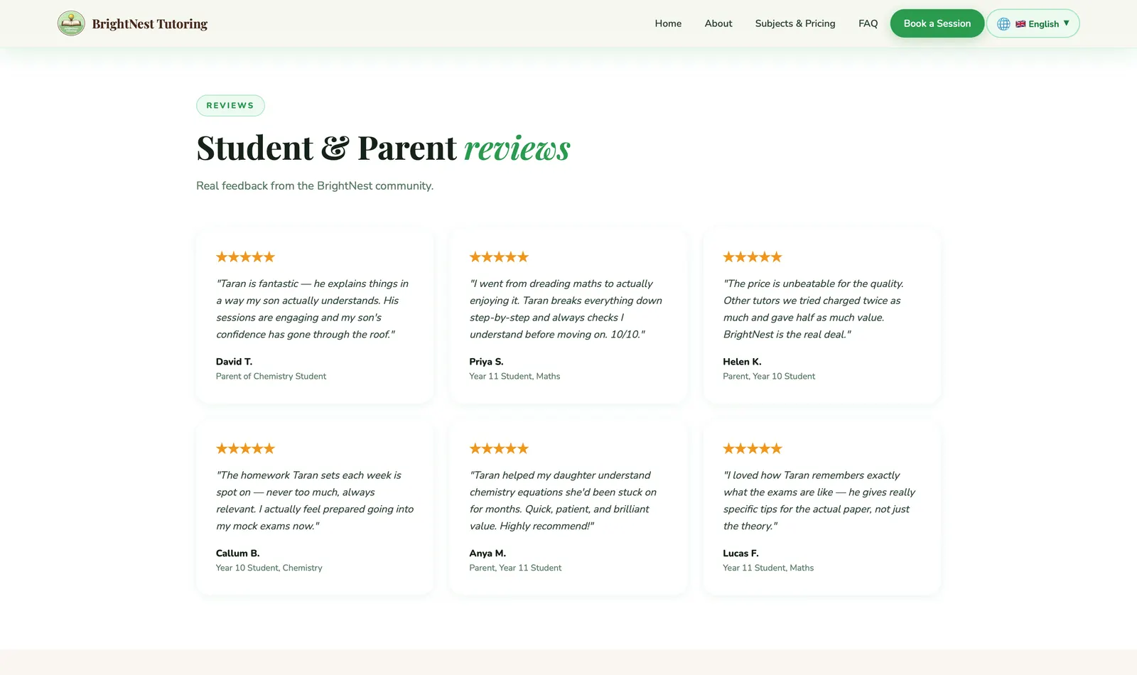 BrightNest Tutoring website, screenshot 2