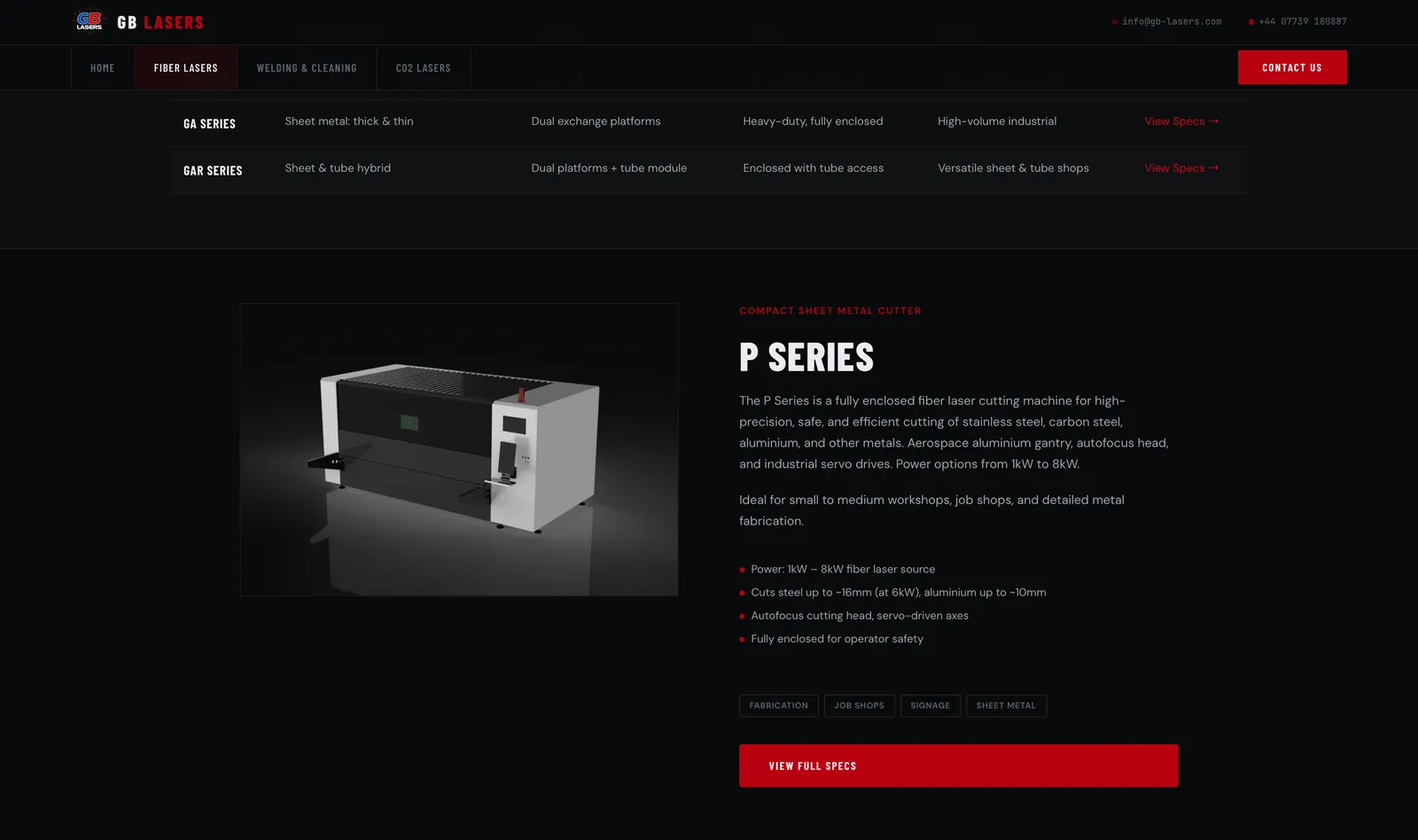 GB Lasers website, screenshot 2