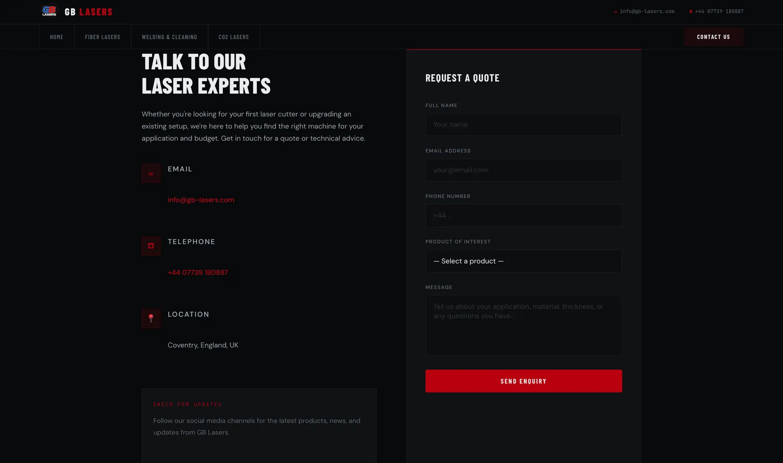 GB Lasers website, screenshot 3